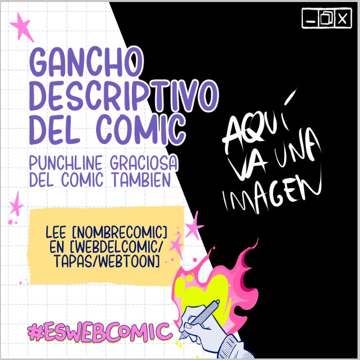 Una imagen preparada para redes sociales con el hastag que admite introducir una imagen de ejemplo de un webcómic para promocionarlo